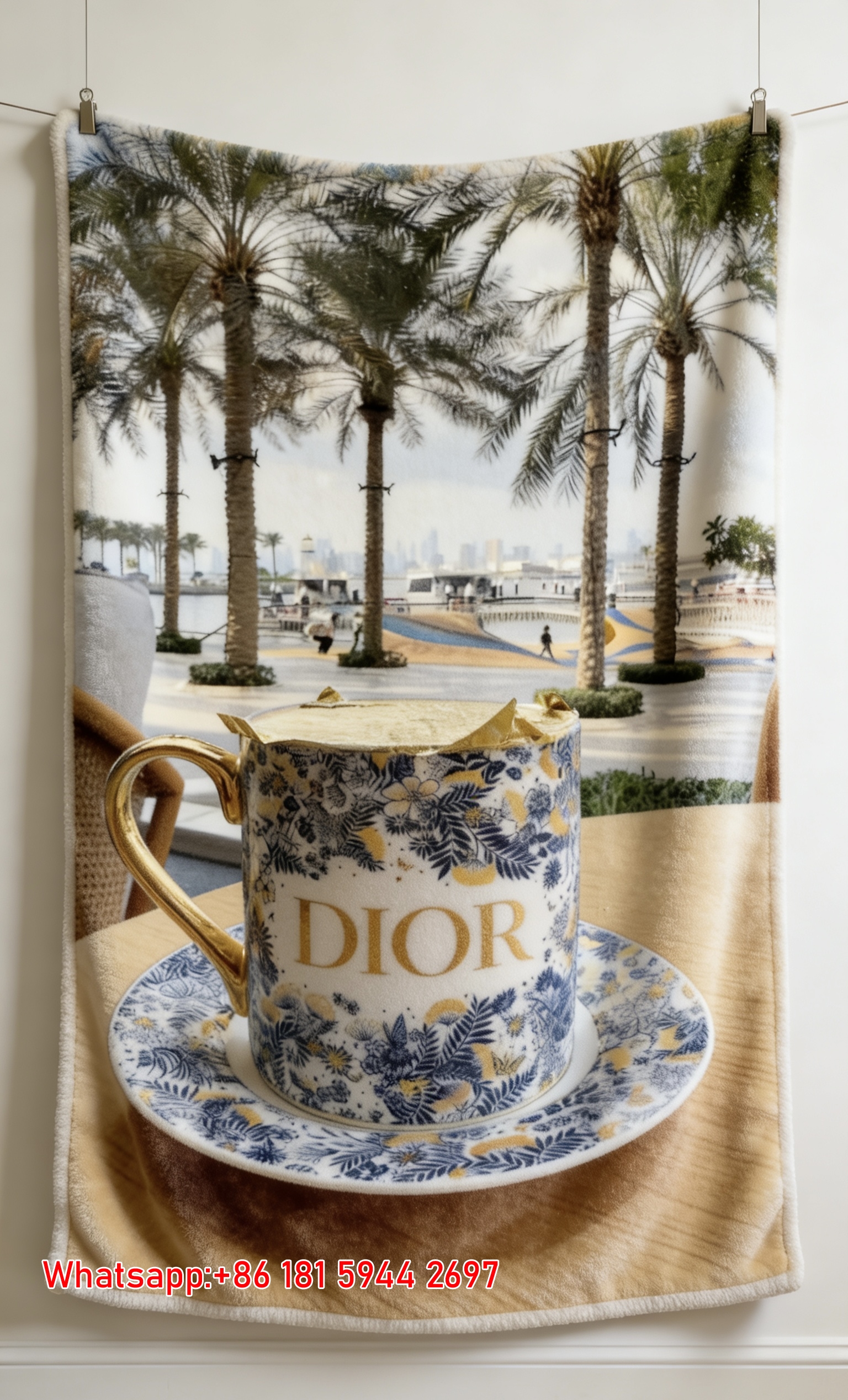 Dior Floral Mug Palm View Flannel Sofa Throw Blanket D329